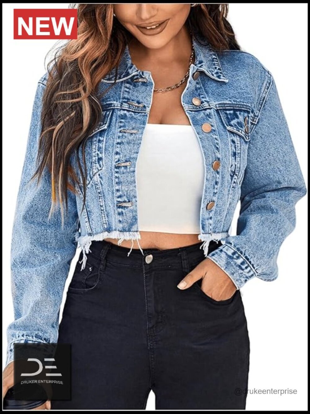 Cropped Raw Hem Denim Jacket w/ Button Down & Flap Pockets